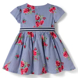ToffyHouse Cotton Woven Half Sleeves Stripe Frock & Belt with Floral Print - Blue image 2