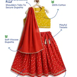 Tiber Taber Cotton Woven Sleeveless Bandhani Printed & Gota Lace Embellished Lehenga Choli With Dupatta Set - Yellow image 3