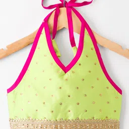 Saka Designs Cotton Woven Sleeveless Lehenga Choli Set With Foil Print & Dupatta - Green & Dark Pink image 2