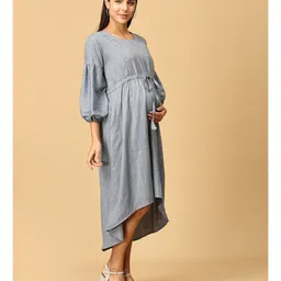 The Mom Store Cotton Three Fourth Balloon Sleeves Striped Maternity Dress With Nursing Access - Grey image 4