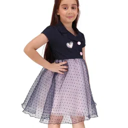Cutecumber Knit Half Sleeves Polka Dots Printed & Heart Applique Detailed Dress - Navy Blue image 4