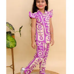 AJ Dezines Cotton Woven Frill Sleeves Floral Printed Top & Coordinating Pant Set - Purple image 4