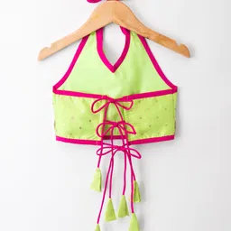 Saka Designs Cotton Woven Sleeveless Lehenga Choli Set With Foil Print & Dupatta - Green & Dark Pink image 3