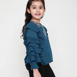 ISHTI Frill Sleeves & Floral Embroidered Top - Blue image 5