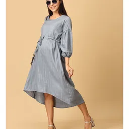 The Mom Store Cotton Three Fourth Balloon Sleeves Striped Maternity Dress With Nursing Access - Grey image 5