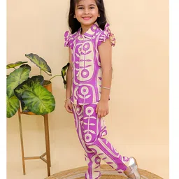 AJ Dezines Cotton Woven Frill Sleeves Floral Printed Top & Coordinating Pant Set - Purple image 5