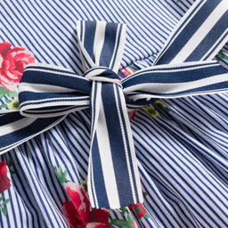 ToffyHouse Cotton Woven Half Sleeves Stripe Frock & Belt with Floral Print - Blue image 4