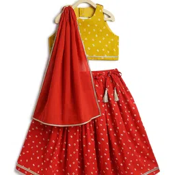 Tiber Taber Cotton Woven Sleeveless Bandhani Printed & Gota Lace Embellished Lehenga Choli With Dupatta Set - Yellow image 5