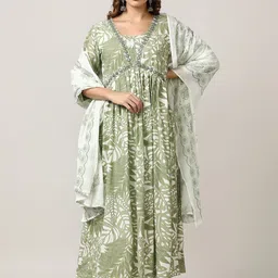 Jaipur Kurti Women Floral Embroidered Angrakha Thread Work Kurta with Trousers & With Dupatta-picture-10