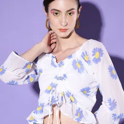 DIMPY GARMENTS Floral Print Puff Sleeve Georgette Crop Top image 1