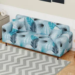 Aura Blue & White Printed Polyester 1 Piece Sofa Cover With Arms image 3