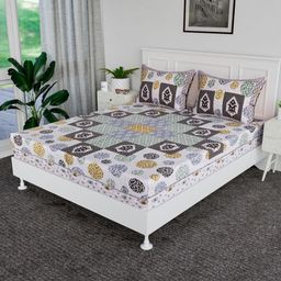 RUBOXA Beige & White Floral 144 TC King Bedsheet with 2 Pillow Covers-picture-24