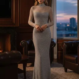 bebe Women Embellished Mock Neck Sheath Maxi Dress-image-91