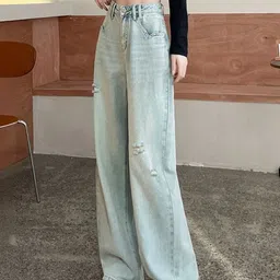 KPOP Women Regular Fit Mid-Rise Mildly Distressed Light Fade Jeans image 2