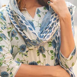 VIBE VISION Floral Printed Pure Cotton Notch Neck Straight Kurta With Trousers & Dupatta image 4