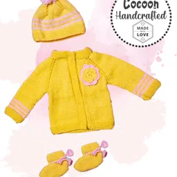COCOON ORGANICS Handcrafted Full Sleeves Floral Design Sweater With Cap & Socks - Yellow-picture-22