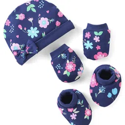 Babyhug 100% Cotton Knit Floral Print Cap Mittens And Booties - Blue-image-5