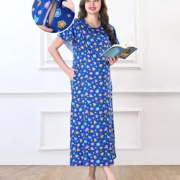 Bella Mama Cotton Knit Half Sleeves Heart & Floral Printed Maternity Nursing Nighty - Royal Blue-image-51