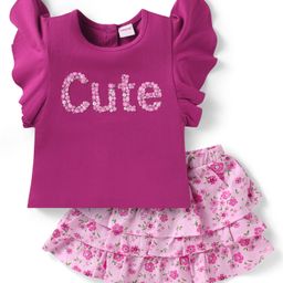Babyhug Single Jersey Knit Frill Sleeves Top & Skirt Set with Floral Print - Dark Pink-picture-9