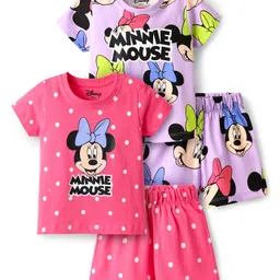 Babyhug Disney Single Jersey Knit Half Sleeves Co-Ord Shorts Night Suit with Minnie Mouse Print Pack of 2 - Pink & Lilac-image-92