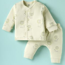 Zero Interlock Knit Full Sleeves Front Open Co-ord Night Suit With Lion Print - Light Green-picture-22