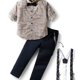 Dapper Dudes Full Sleeves Abstract Printed Shirt Pant With Bow & Suspender Set - Brown-picture-32