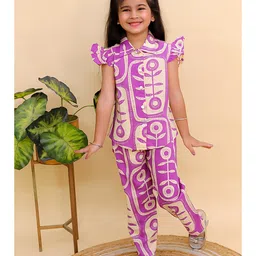 AJ Dezines Cotton Woven Frill Sleeves Floral Printed Top & Coordinating Pant Set - Purple-picture-18