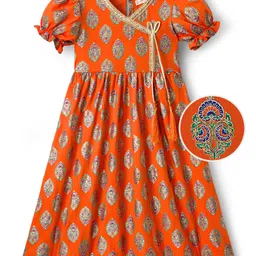 EARTHY TOUCH Single Jersey Knit Half Sleeves Ethnic Dress With Floral Print - Orange-picture-19