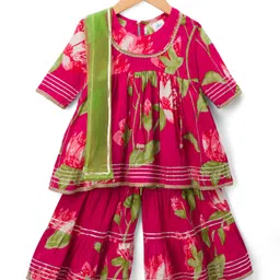 teentaare Teentare Cotton Woven Three Fourth Sleeves Kurta Sharara & Dupatta Set With Floral Print - Red-picture-25