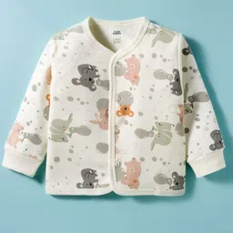 Pink Rabbit Fleece Knit Full Sleeves Front Open Jhabla With Elephant Print - Offwhite-picture-13