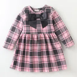 CrayonFlakes Knit Full Sleeves Checked & Bow Applique Detailed Dress With Leggings - Pink image 3