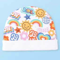 Babyhug 100% Cotton Knit Cap Mittens & Booties Set with Sun Heart & Text Print - White image 3