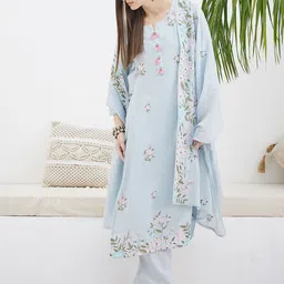 Indo Era Floral Embroidered Straight Thread Work Pure Cotton Kurta With Trousers & Dupatta image 3