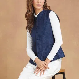 Fabindia Women Stand Collar Self Design Gilet Jacket-image-57
