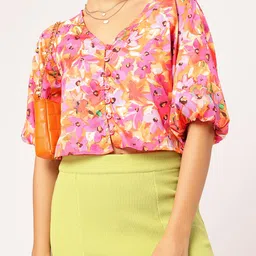 DressBerry Floral Paradise Print Puff Sleeve Shirt Style Crop Top-picture-35