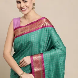 KALINI Teal & Pink Checked Zari Silk Cotton Saree image 1