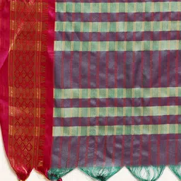 KALINI Teal & Pink Checked Zari Silk Cotton Saree image 5