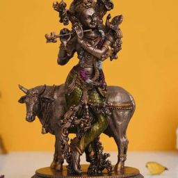 eCraftIndia Brown Brass Krishna Playing Flute with Cow Statue-picture-29