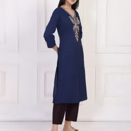 W Navy Blue Rayon Embroidered Kurti image 3