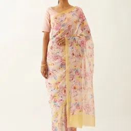Taneira Light Yellow Floral Print Saree With Unstitched Blouse-image-28