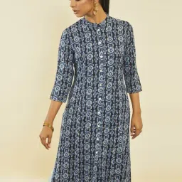 Soch Navy Blue Rayon Ikat Print Straight Kurta with Front Button-Placket-image-94