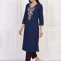 W Navy Blue Rayon Embroidered Kurti image 4