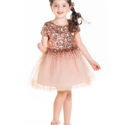 Cherry Crumble By Nitt Hyman Half Sleeves sequin Embellished Bodice Fit & Flared Dress - Salmon Peach-picture-25