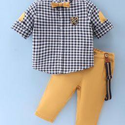ToffyHouse Cotton Full Sleeves Checks Shirt & Trousers Set with Bow - Gold-picture-22