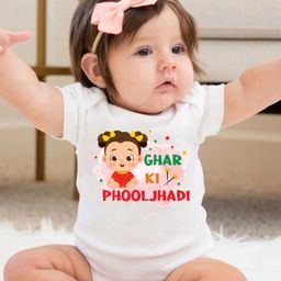 KNITROOT Diwali Theme Half Sleeves Ghar Ki Phooljhadi Text Printed Onesie - White-picture-17