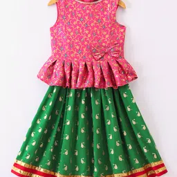 Twisha Sleeveless Floral Self Designed Peplum Top & Whale Foil Printed Ghagra - Pink & Green-picture-12