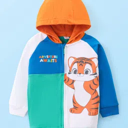 Babyhug Cotton Knit Full Raglan Sleeves Front Open Hooded Sweatjacket with Cut & Sew Design & Tiger Print - Multicolour-picture-18