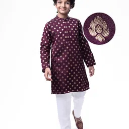 Pine Kids Full Sleeves Woven Kurta Pyjama Set with Floral Embroidery - Wine-picture-15
