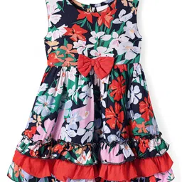Babyhug Cotton Woven Sleeveless Frock With Floral Print & Bow Applique - Red & Black-image-66