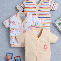 BUMZEE Cotton Knit Front Open Half Sleeves Rainbow Theme Printed & Striped Jhablas Pack Of 3 -Pink White & Yellow-picture-17